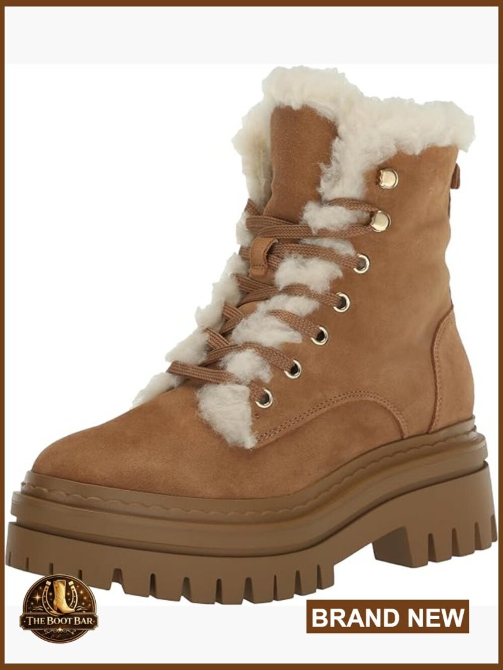 Faux Fur Trim Shearling Combat Boot - Lace Up Block Heel